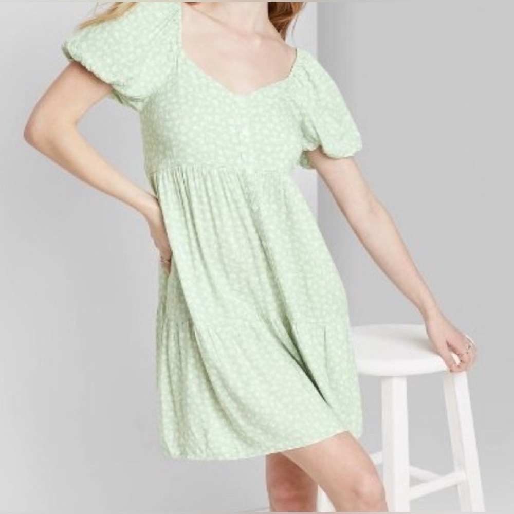 Wild Fable Mint Green Floral Puff-Sleeve Babydoll Mini Dress – Size Medium